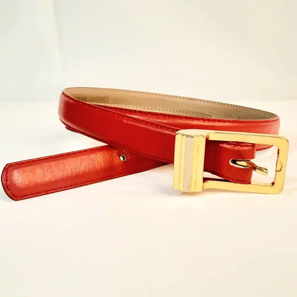 Womens Rose Red Genuine Leather Skinny Belt Size Medium Art Deco Buckle
